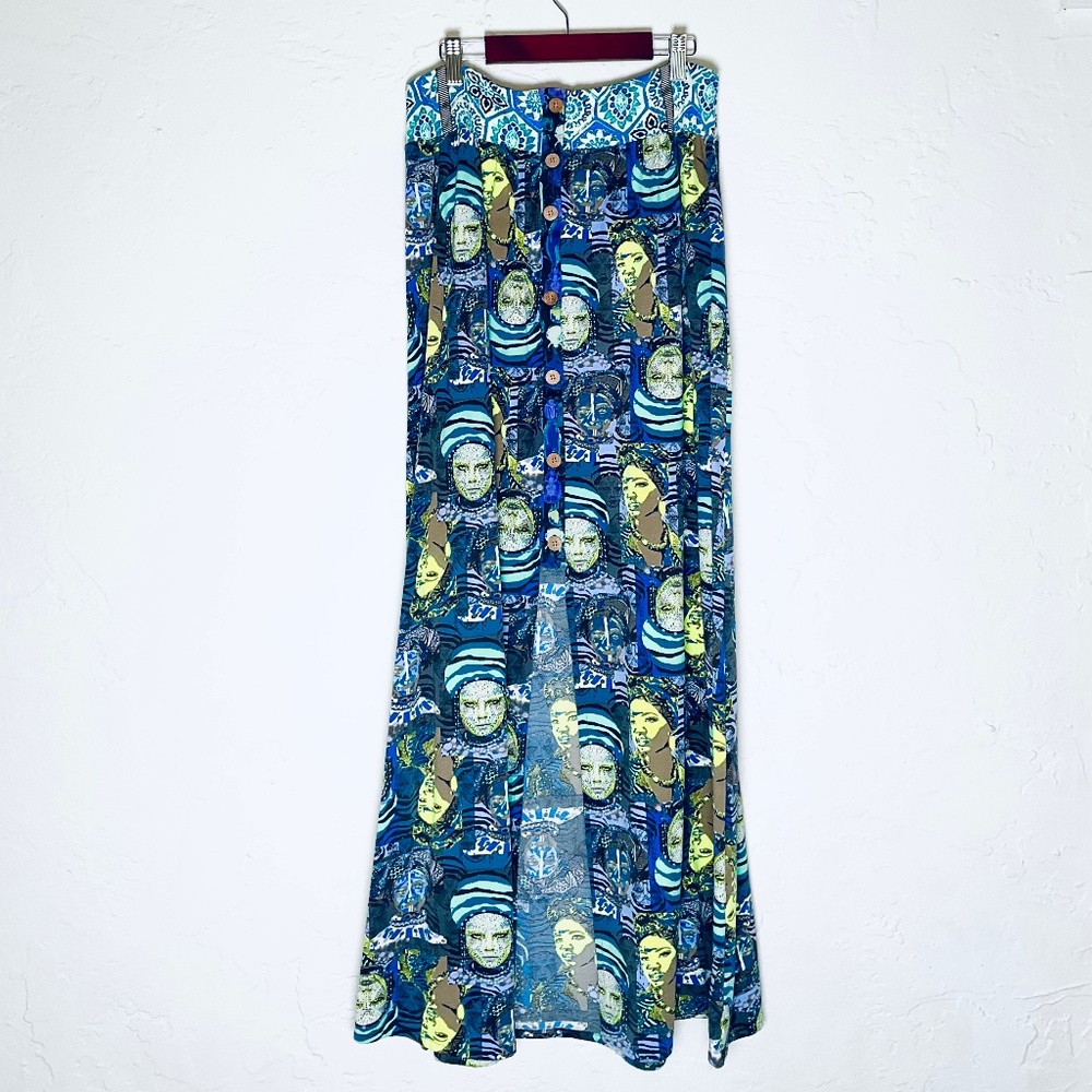 MAAJI Designer Ethnic Maxi Tribal Woman Portrait Button-up Split Skirt Sz L